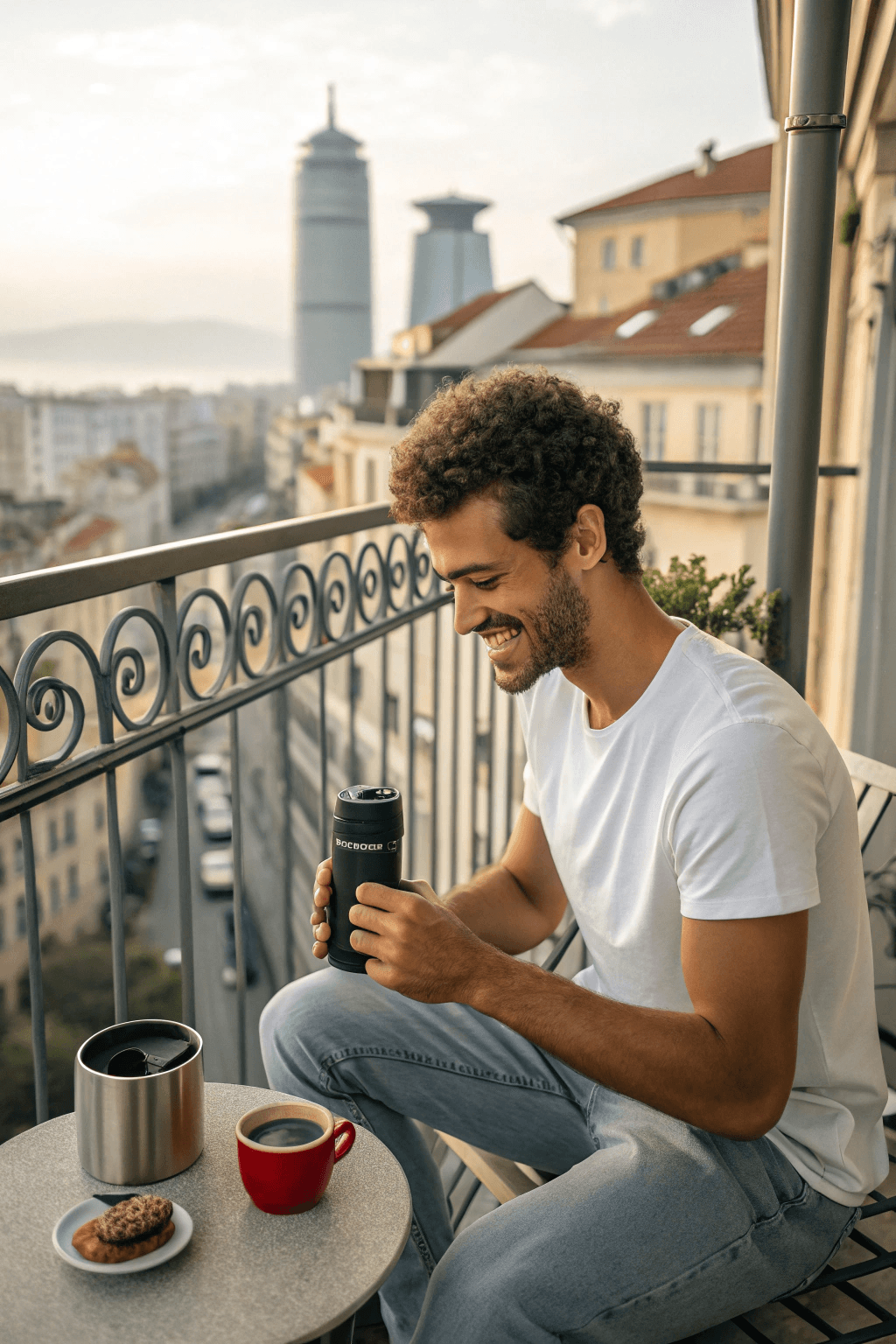 Customer enjoying coffee on a balcony