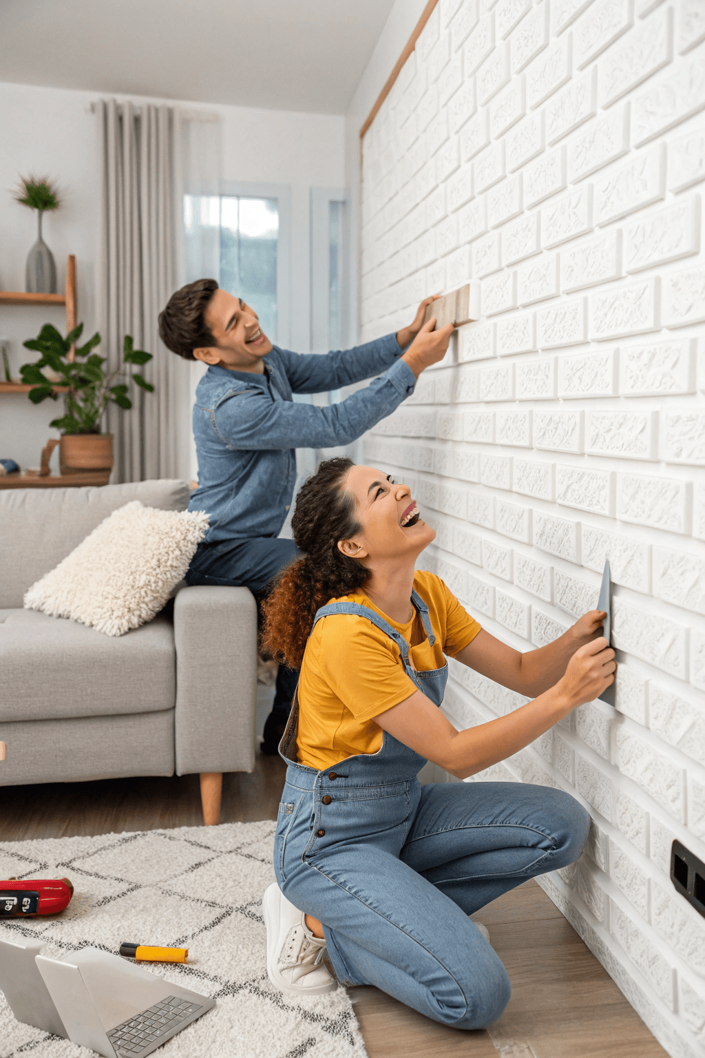 Couple installing 3D wall panels