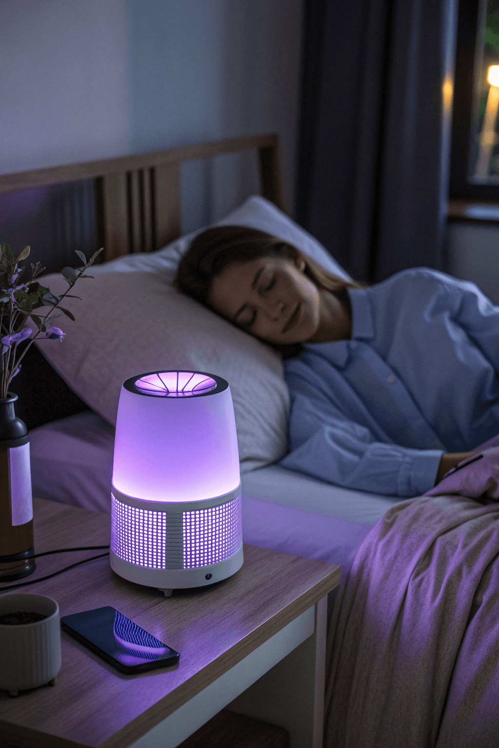 Woman sleeping peacefully with a mosquito lamp nearby