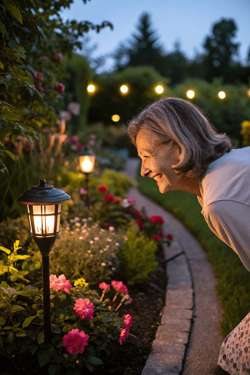Woman admiring her garden with solar lights