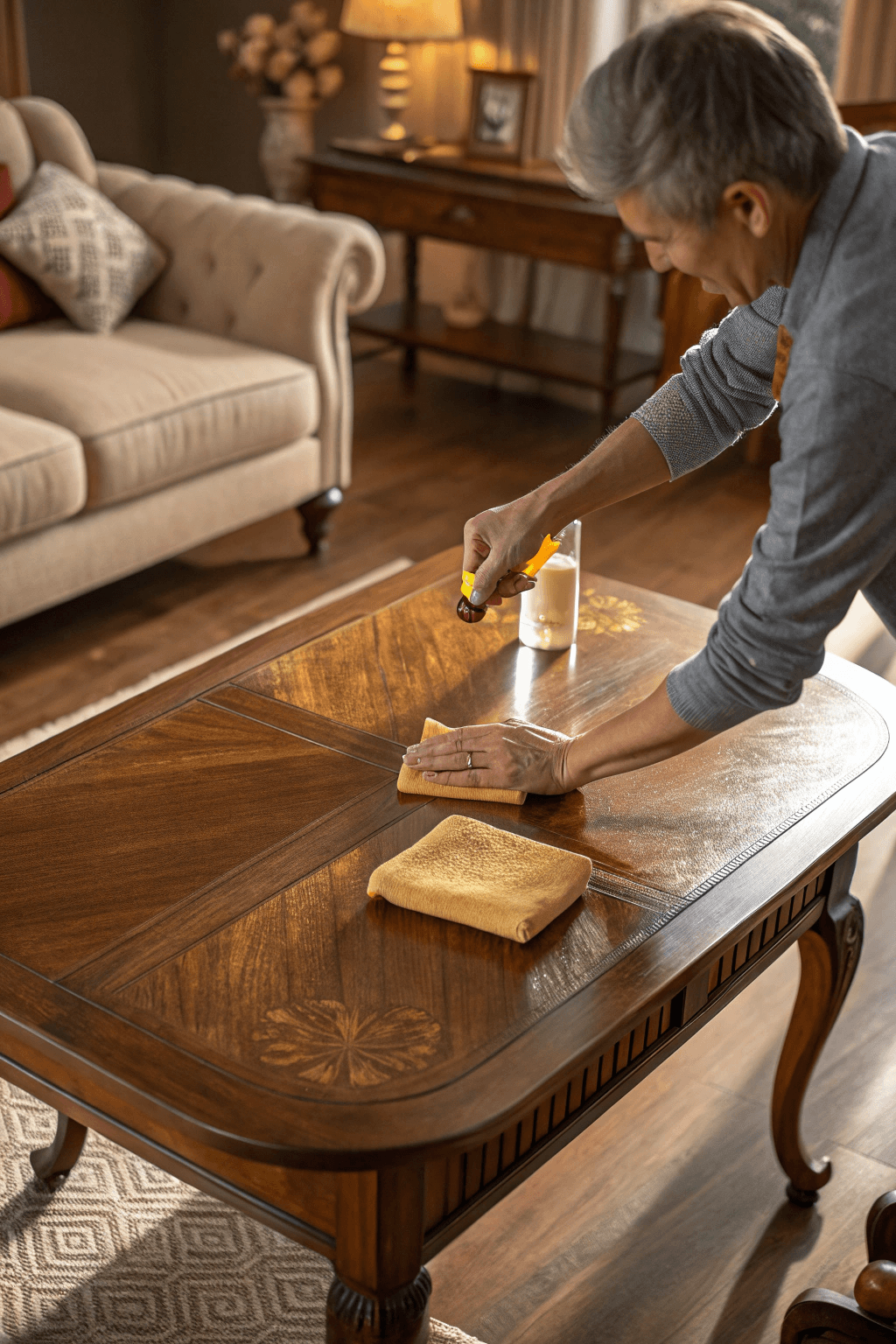 Customer polishing a wooden table with beeswax